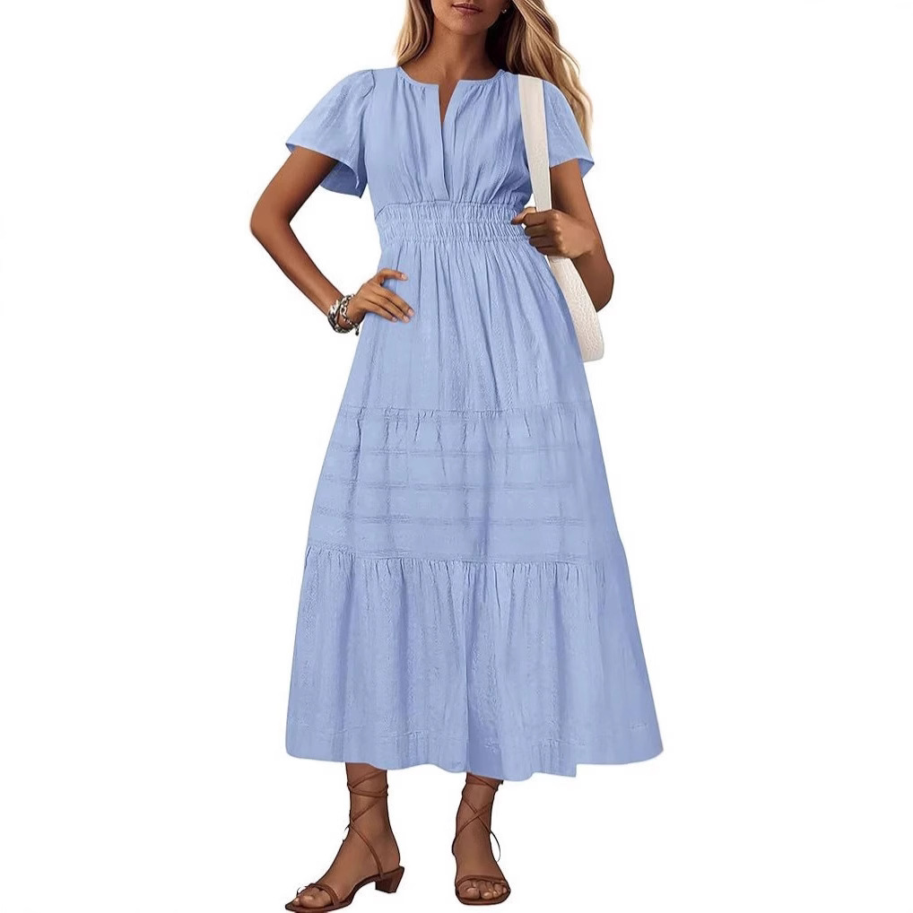 V-Neck Ruched Bubble Sleeve Tiered Maxi Dress