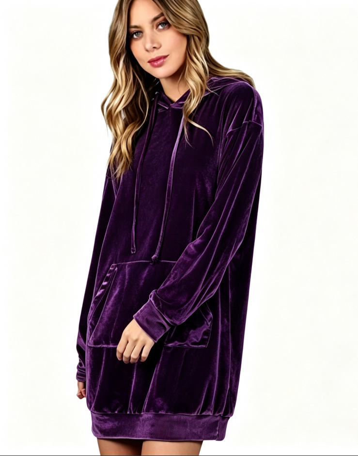 Velvet Hooded Sweatshirt Dress Oversized Pullover