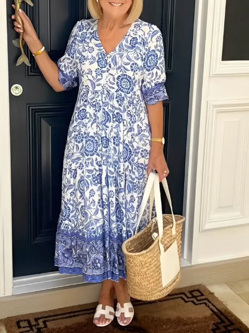 V-Neck Floral Print Long Dress