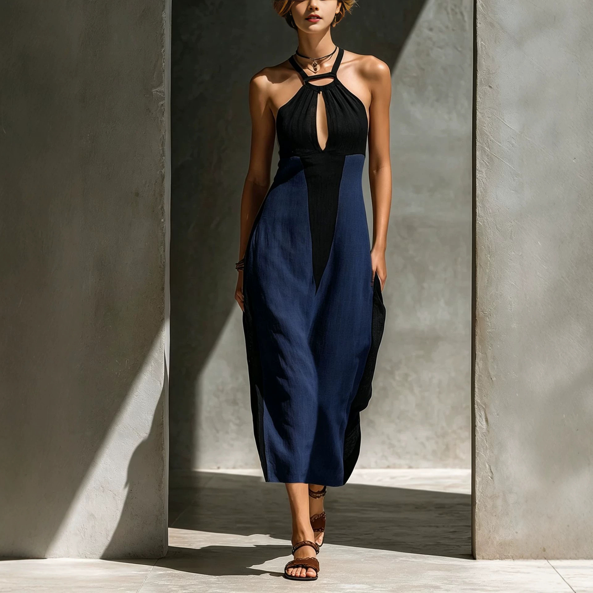 Women's Sleeveless Linen Blend Maxi Dress Colorblock Cutout Slim Fit Vacation