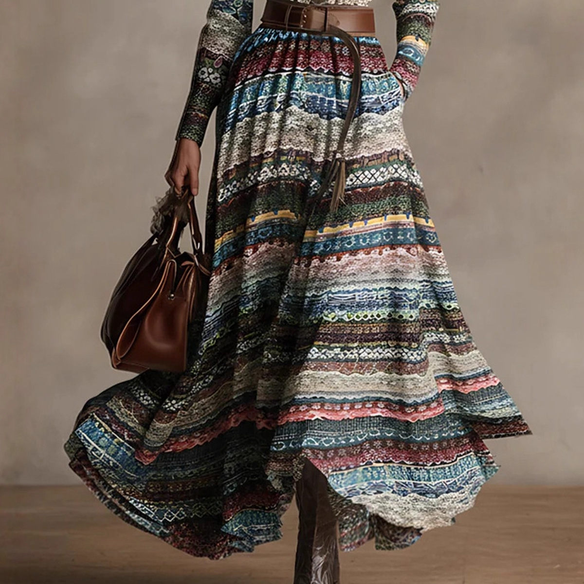 Women's Ethnic Tribal Print Long Sleeve Maxi Shirt Dress