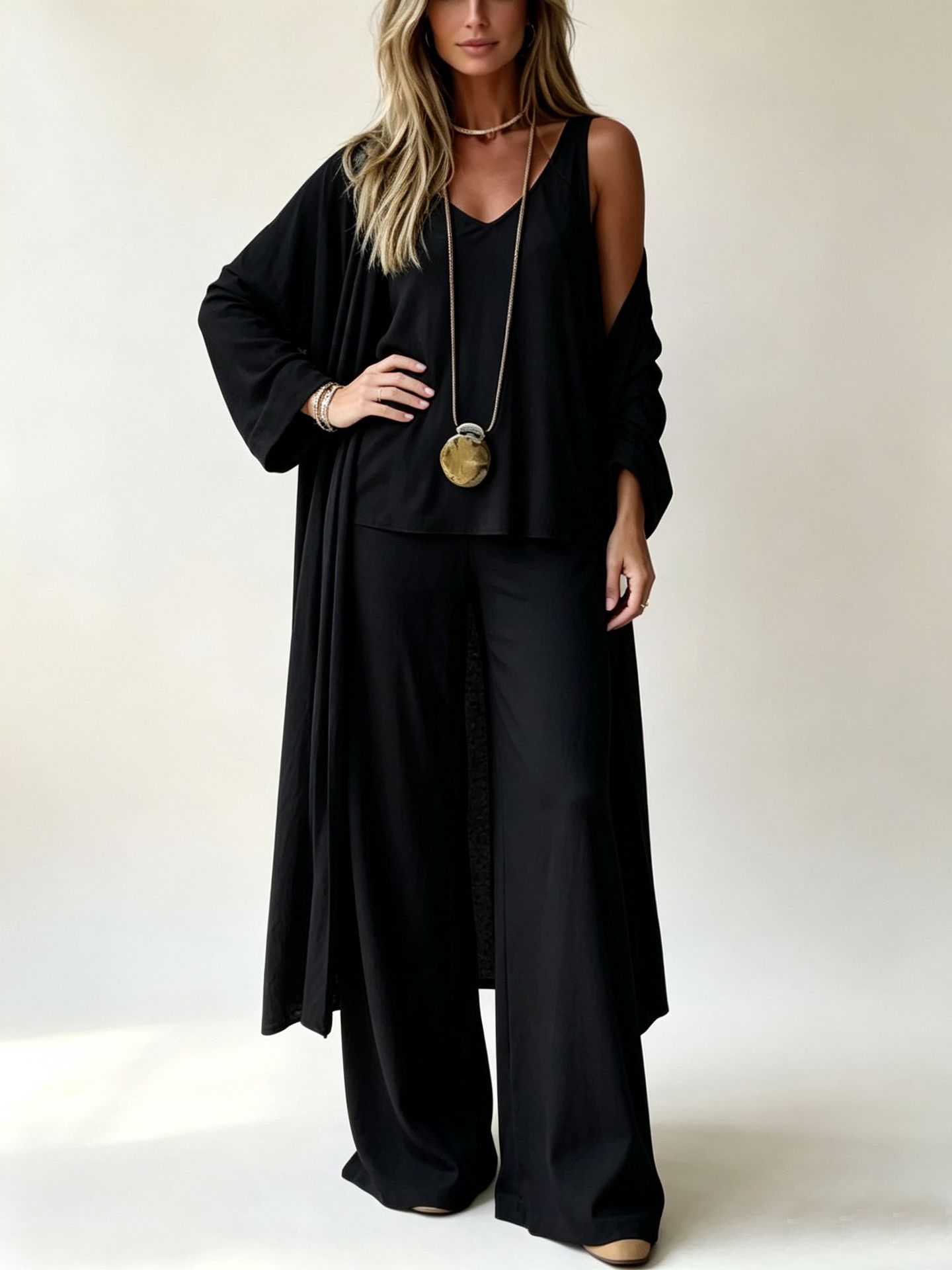 Women's Minimalist Solid Color Open-Front Cardigan 3-Piece Set
