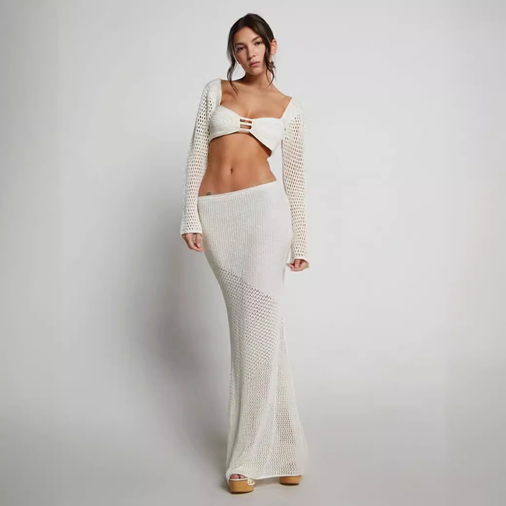 Women's Tie-Strap Long-Sleeve Bodycon Knit Midi Skirt Set