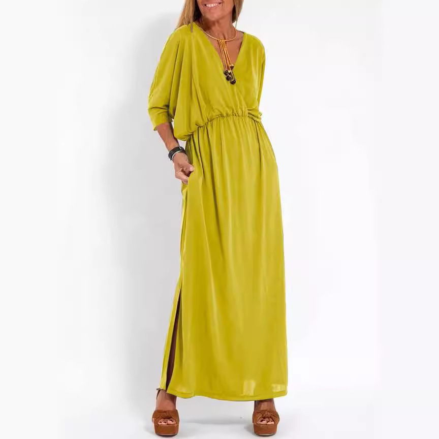 Women's High-Waist Slit Short-Sleeve Dress in Solid Colors