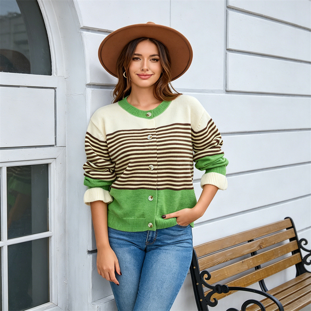 Color-Block Striped Crewneck Knit Cardigan Women's Loose Fit Sweater Coat