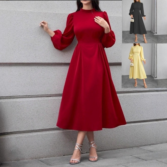 A-Line High-Waist Long-Sleeve Midi Dress with Collar