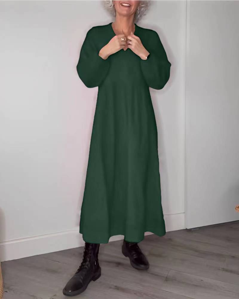 Solid V-Neck Long Sleeve Pocket Maxi Dress