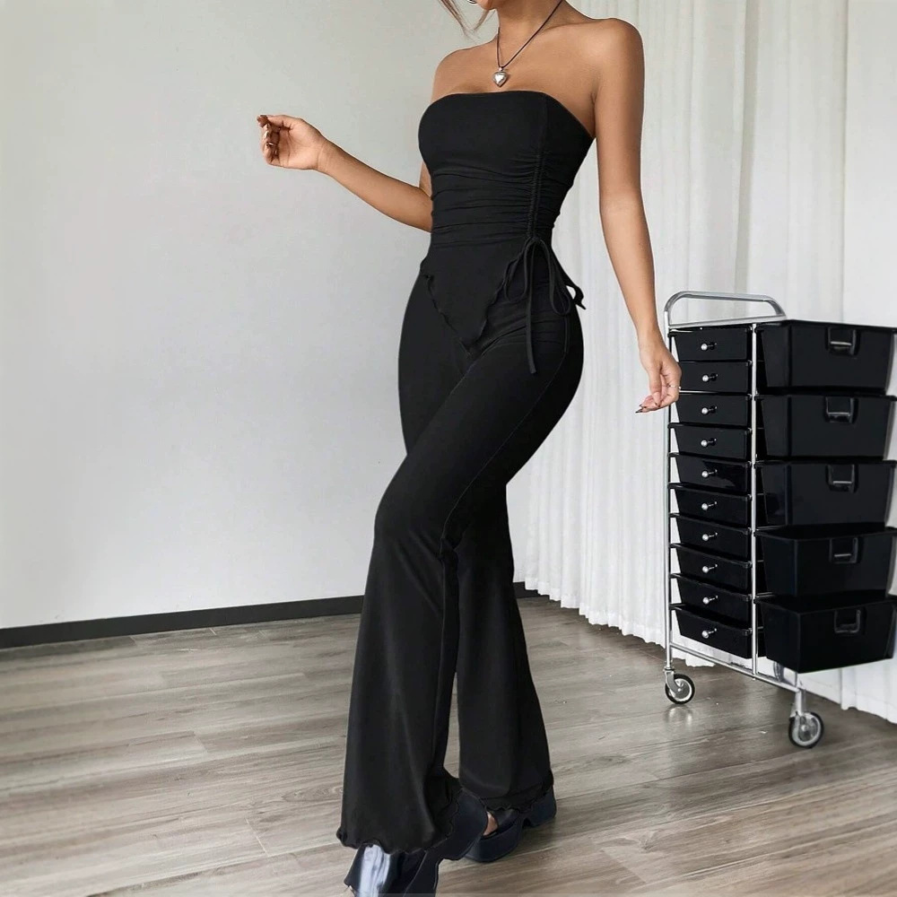 Sexy Strapless Drawstring Top and Pants Two-Piece Set