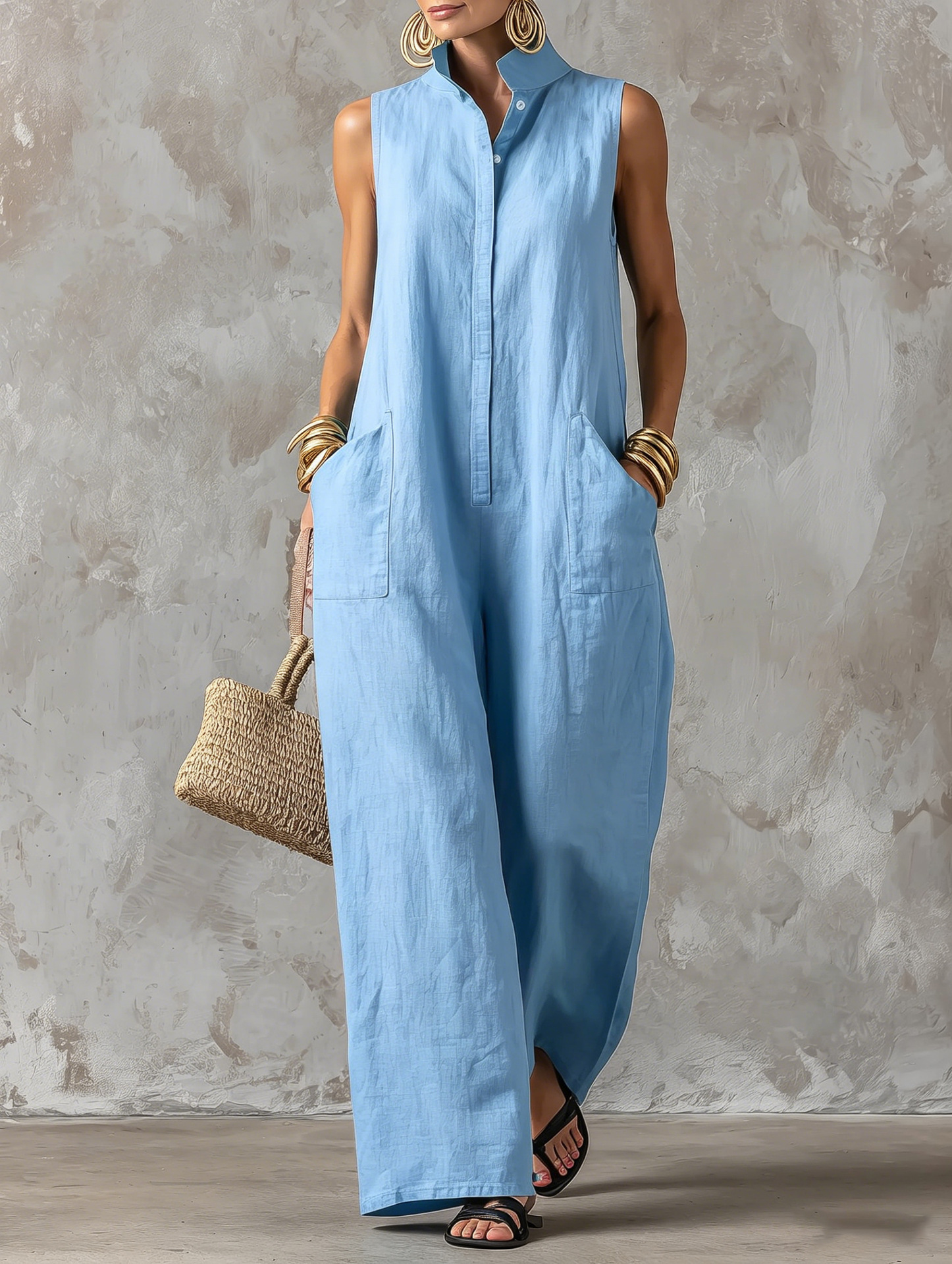 Women's Sleeveless Linen-Blend Jumpsuit with Stand Collar and Button Front Wide-Leg Pants