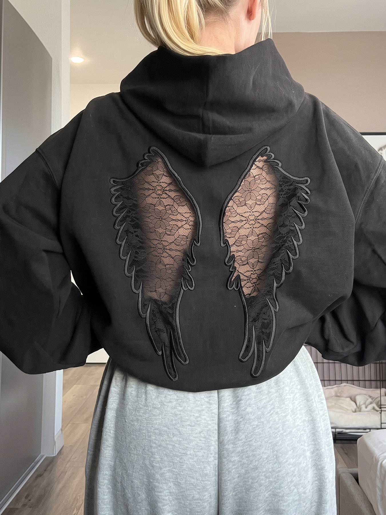 Women's Casual Hooded Cutout Embroidered Wing Long-Sleeve Sweatshirt