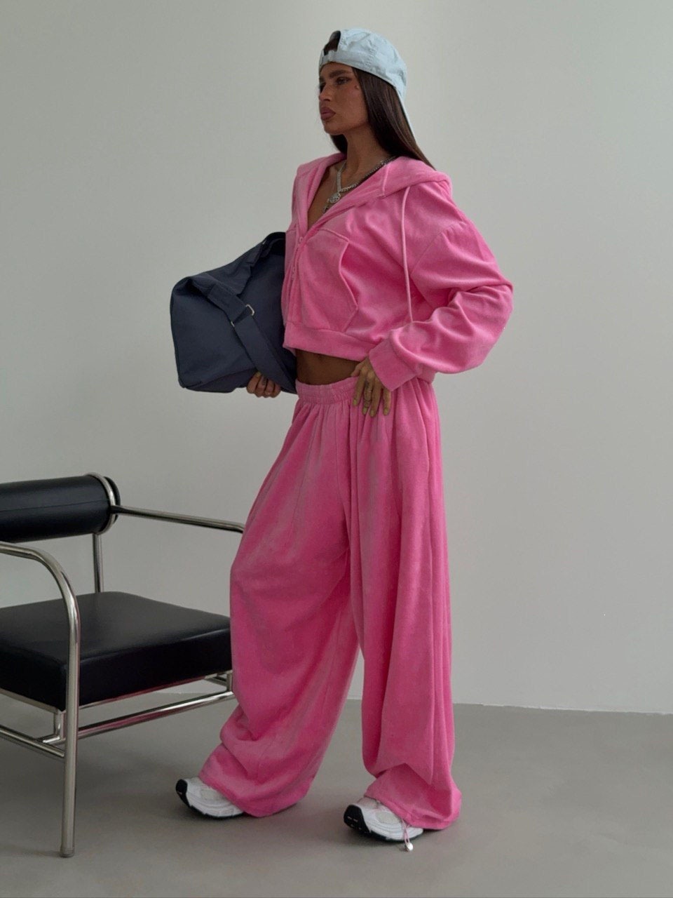 Solid Color Cropped Hooded Cardigan and Wide-Leg Pants Two-Piece Set