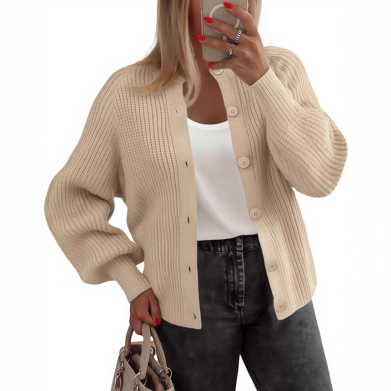 Women's Chunky Knit Button-Front Cardigan Sweater Long Sleeve Crew Neck