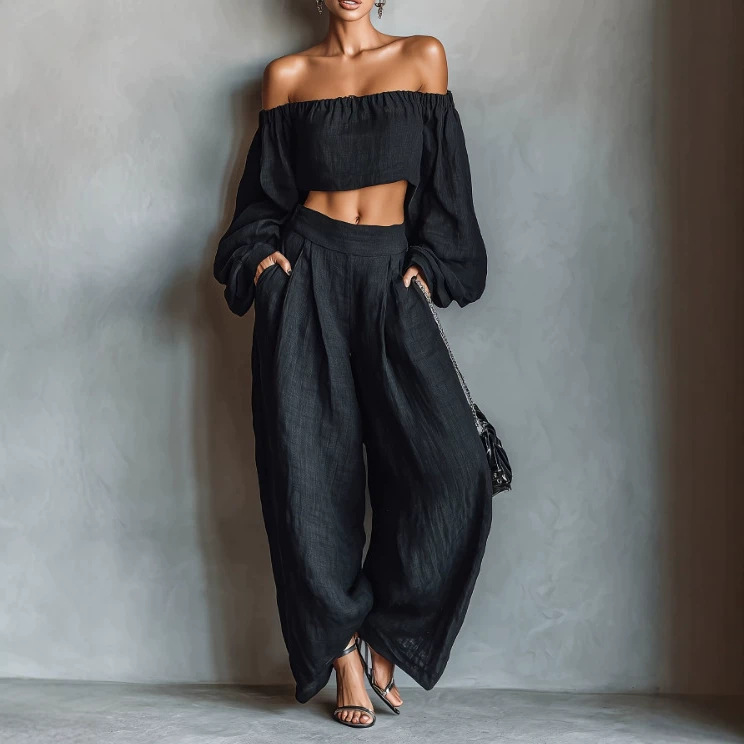 Women's Off-Shoulder Top & Wide-Leg Pants Set