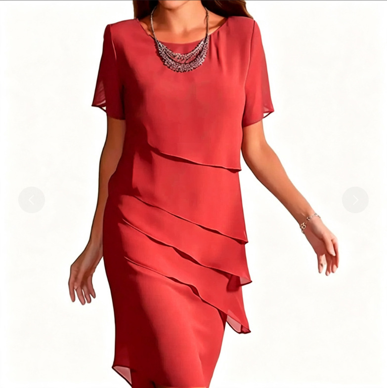 Summer Slim-Fit Chiffon Dress with Round Neck and Short Sleeves