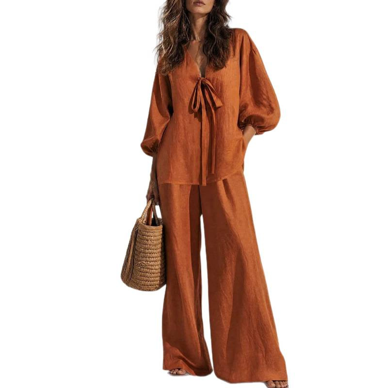 Minimalist Solid Color Tie-Front Top and Straight-Leg Pants Two-Piece Set
