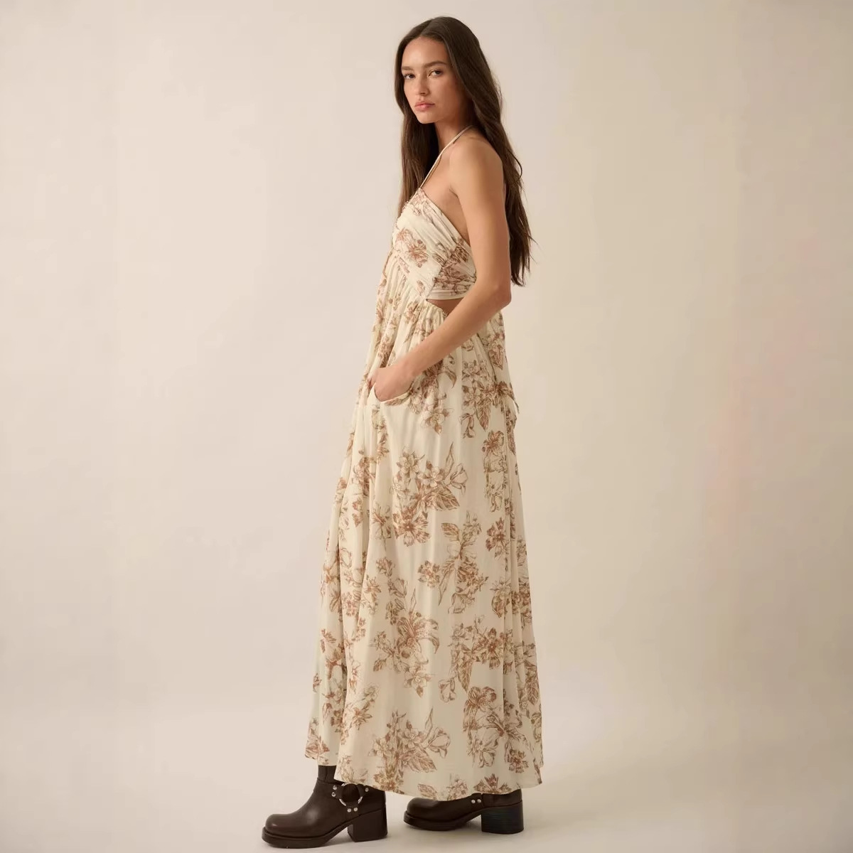 Women's Sleeveless Halter Open-Back Digital Print Slit Long Dress