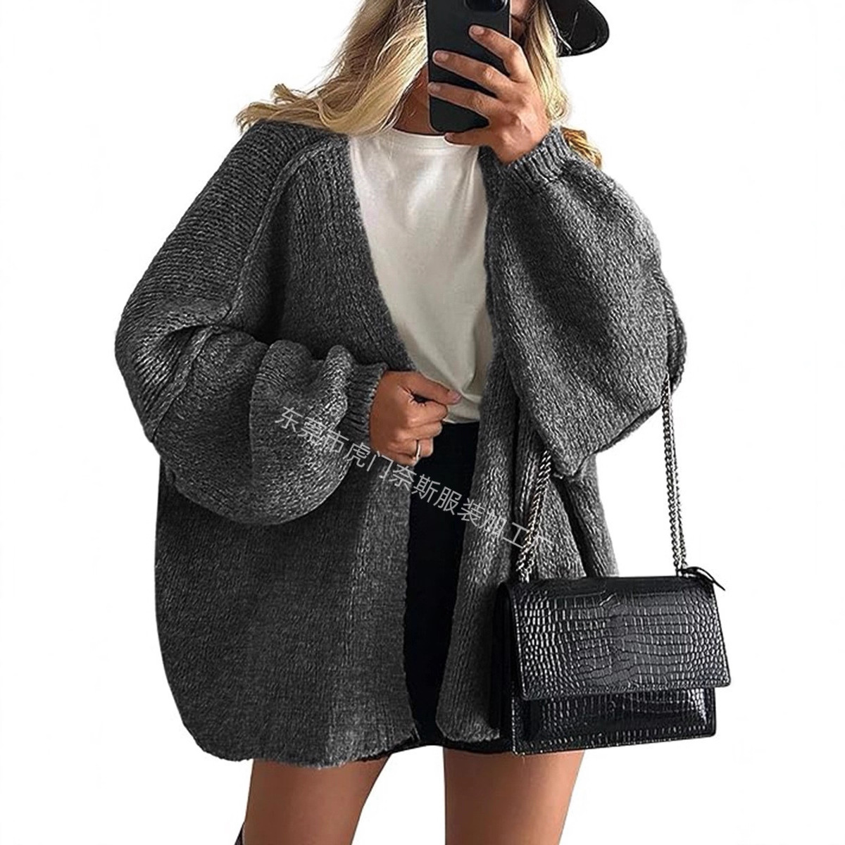 Women's Knit Cardigan Sweater Loose Crew Neck Three-Quarter Sleeve