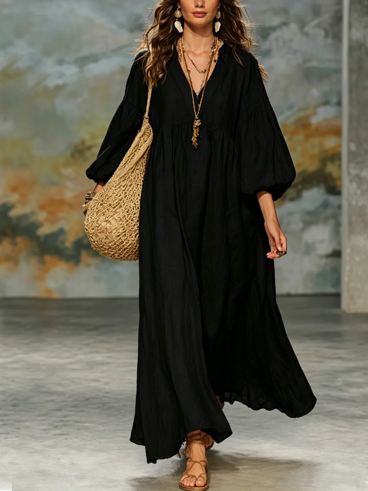 Boho Deep V Lantern Sleeve Maxi Dress