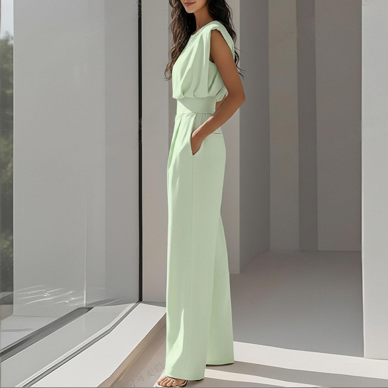 Women's Solid Crewneck Pleated Wide-Leg Jumpsuit