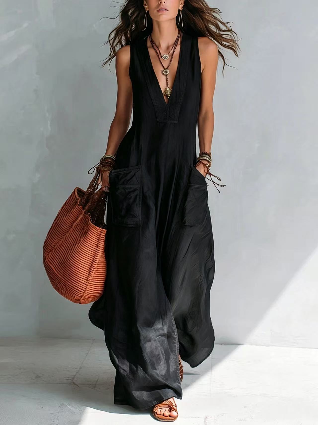 Sleeveless V-Neck Wide-Leg Jumpsuit with Pockets