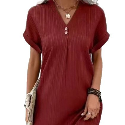 V-Neck Solid Button A-Line Midi Dress Short Sleeve Casual