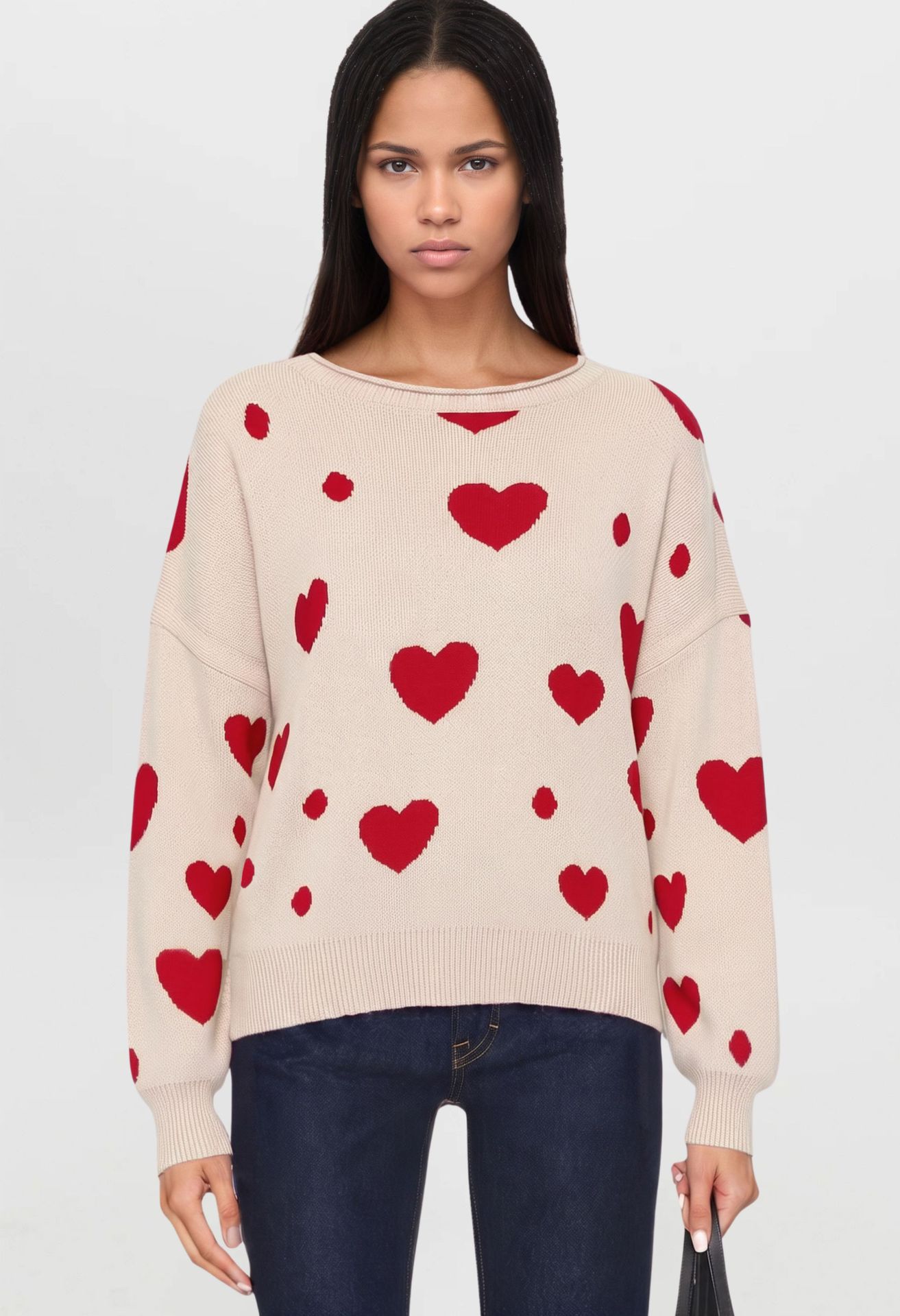Polka Dot Heart Crewneck Pullover Sweater