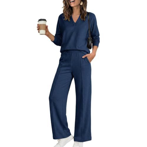 Women's Two-Piece V-Neck Shirt and Wide-Leg Pants Lounge Set