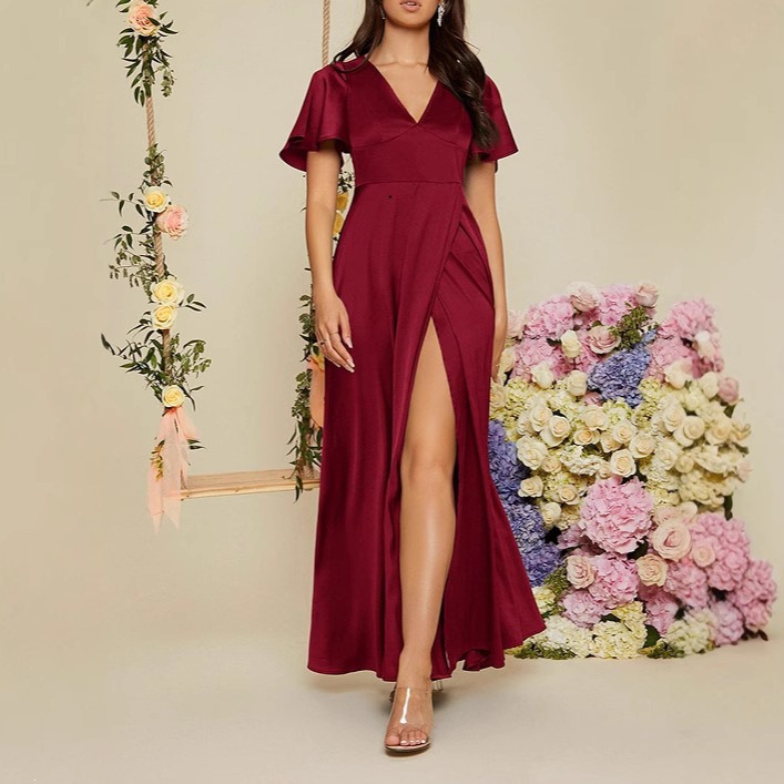 Women's Solid V-Neck Short Sleeve High Waist Long Dress