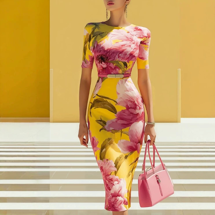 Women's Floral Print Short Sleeve Round Neck Ruched Slim Midi Dress