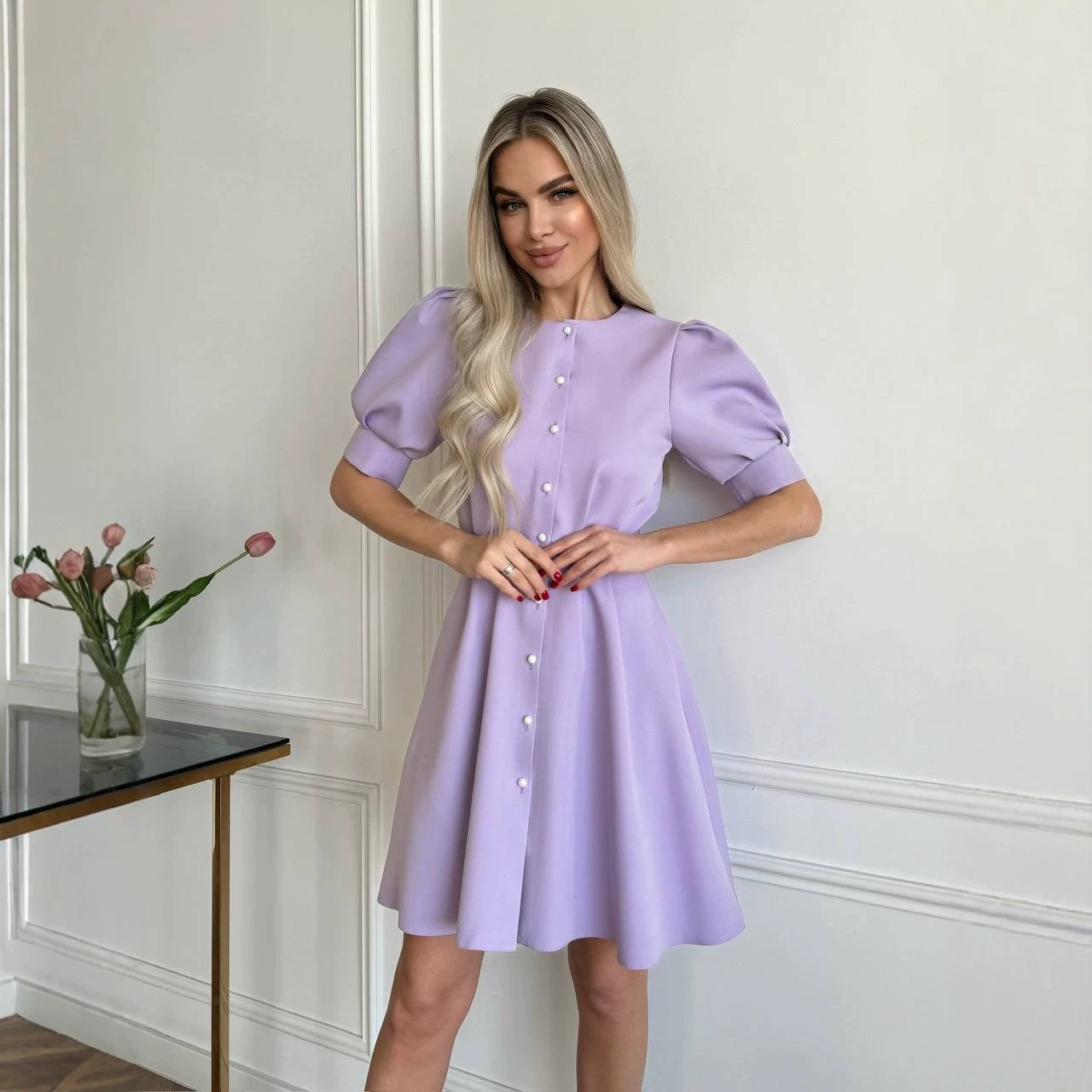 Round Neck Waist-Cinching Ruffle Short Sleeve Dress