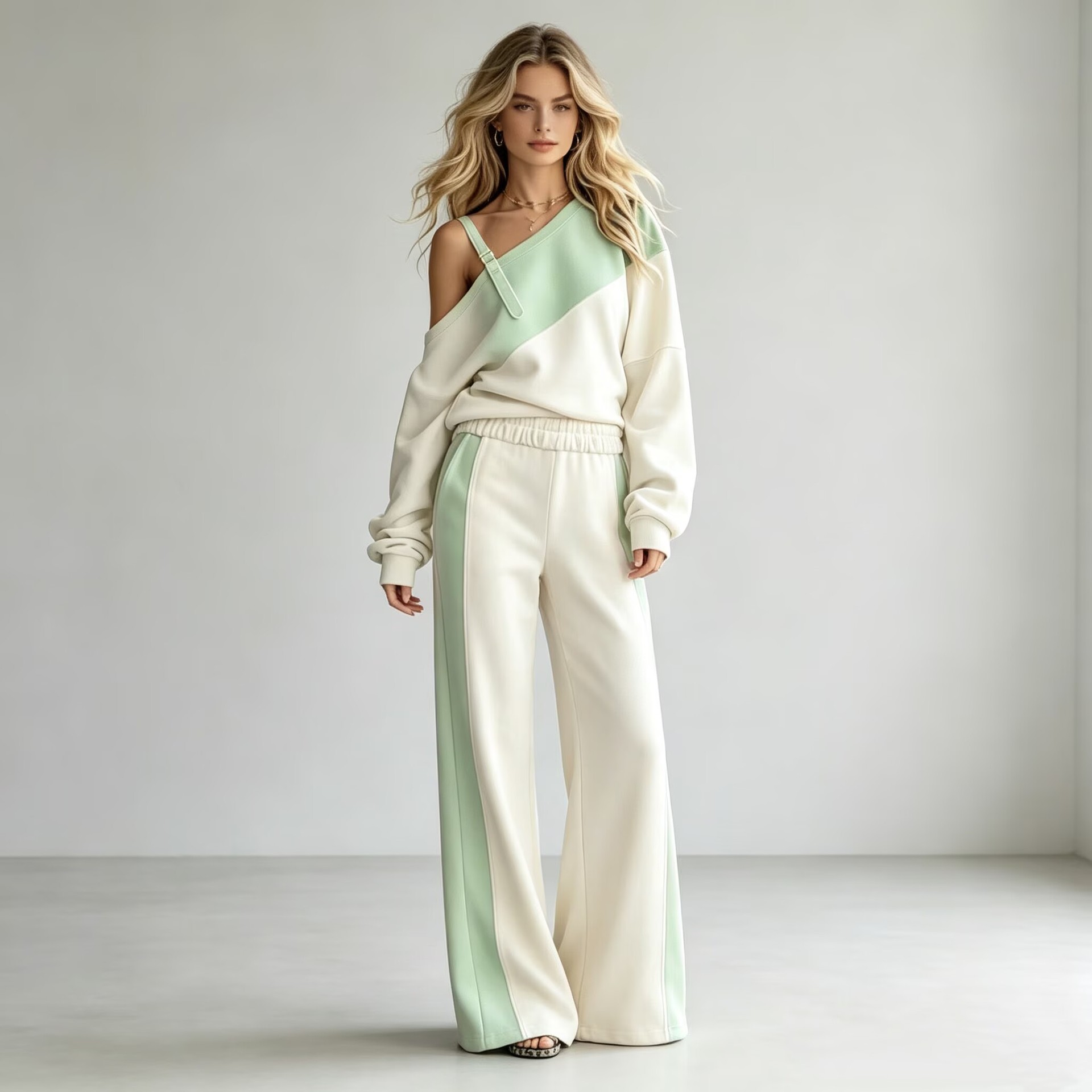Women's Colorblock One-Shoulder Sweatshirt & Wide-Leg Pants Set