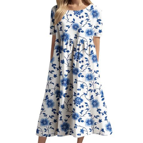 Women's Floral Print Ruched Midi Dress Short Sleeve Crew Neck