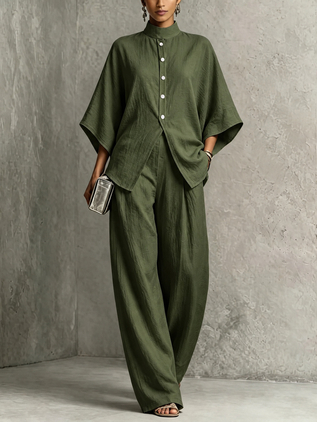 Women's Stand Collar Batwing Sleeve High Waist Wide Leg Two-Piece Set