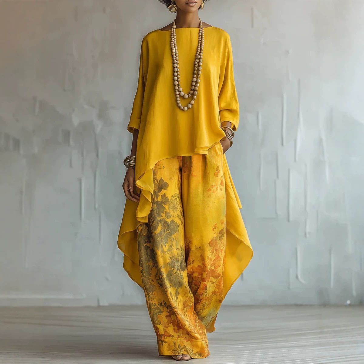 Printed Asymmetric Two-Piece Set with Crew Neck Top and Loose Pants