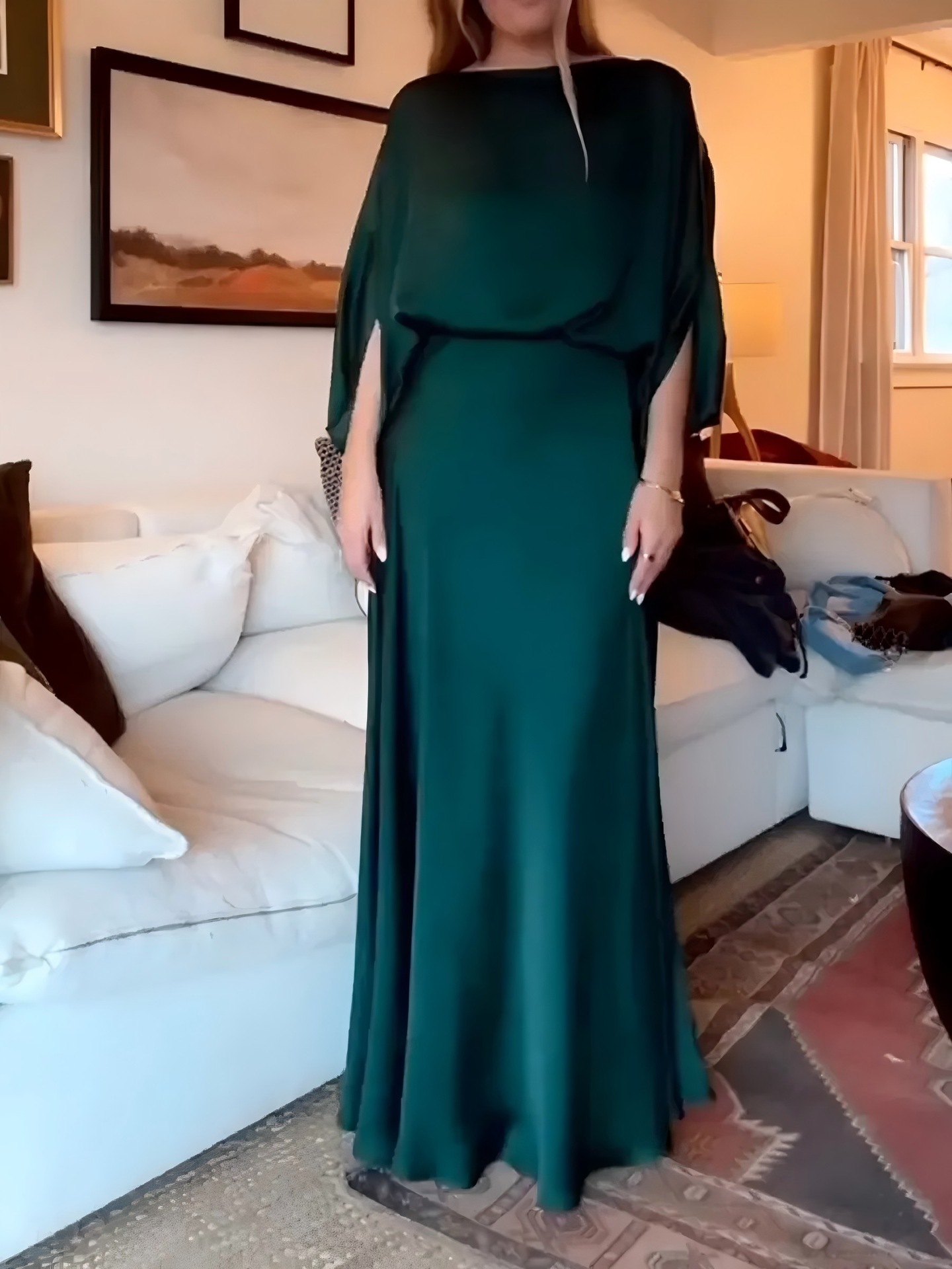 Women's Satin Bodycon Long Dress with Off-Shoulder Neckline and Flutter Sleeves