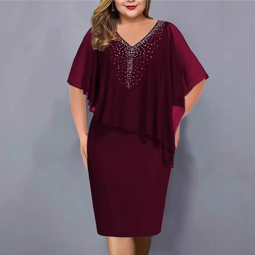 V-Neck Rhinestone Mesh Cape A-Line Midi Dress