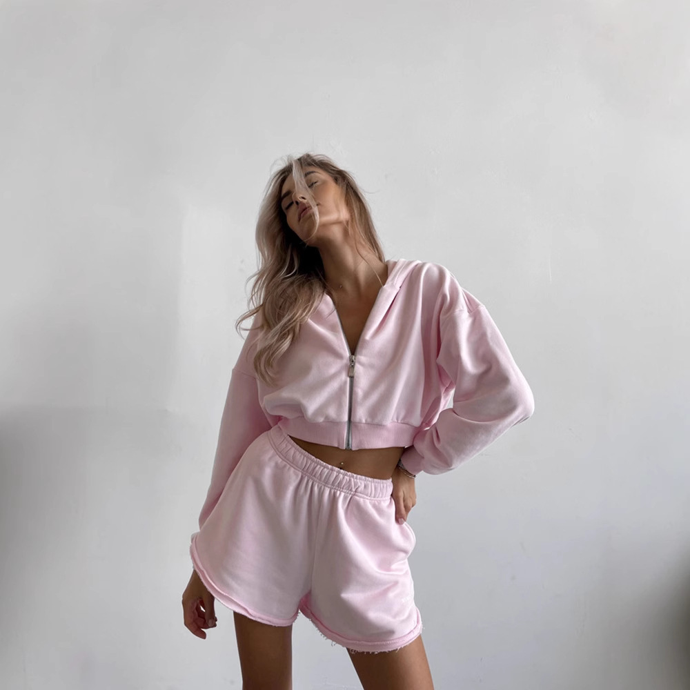 Women's Solid Color Long-Sleeve Zip-Up Hoodie and Shorts Two-Piece Set