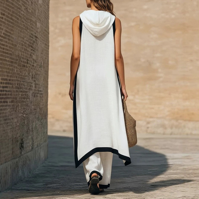 Asymmetric Colorblock Hooded Vest & Pants Two-Piece Set