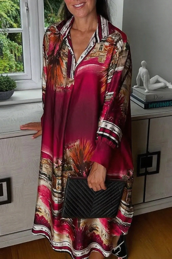Women's Floral Print V-Neck Long Sleeve Loose Casual Dress