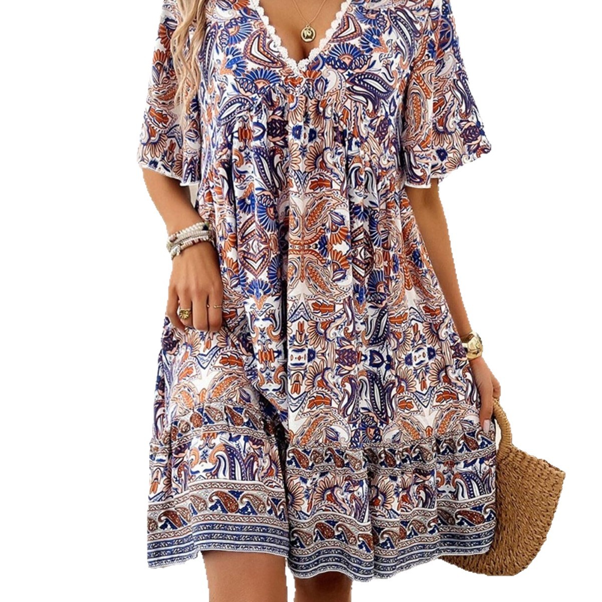 Floral Print Short Sleeve V-Neck Midi Dress with Lace Trim