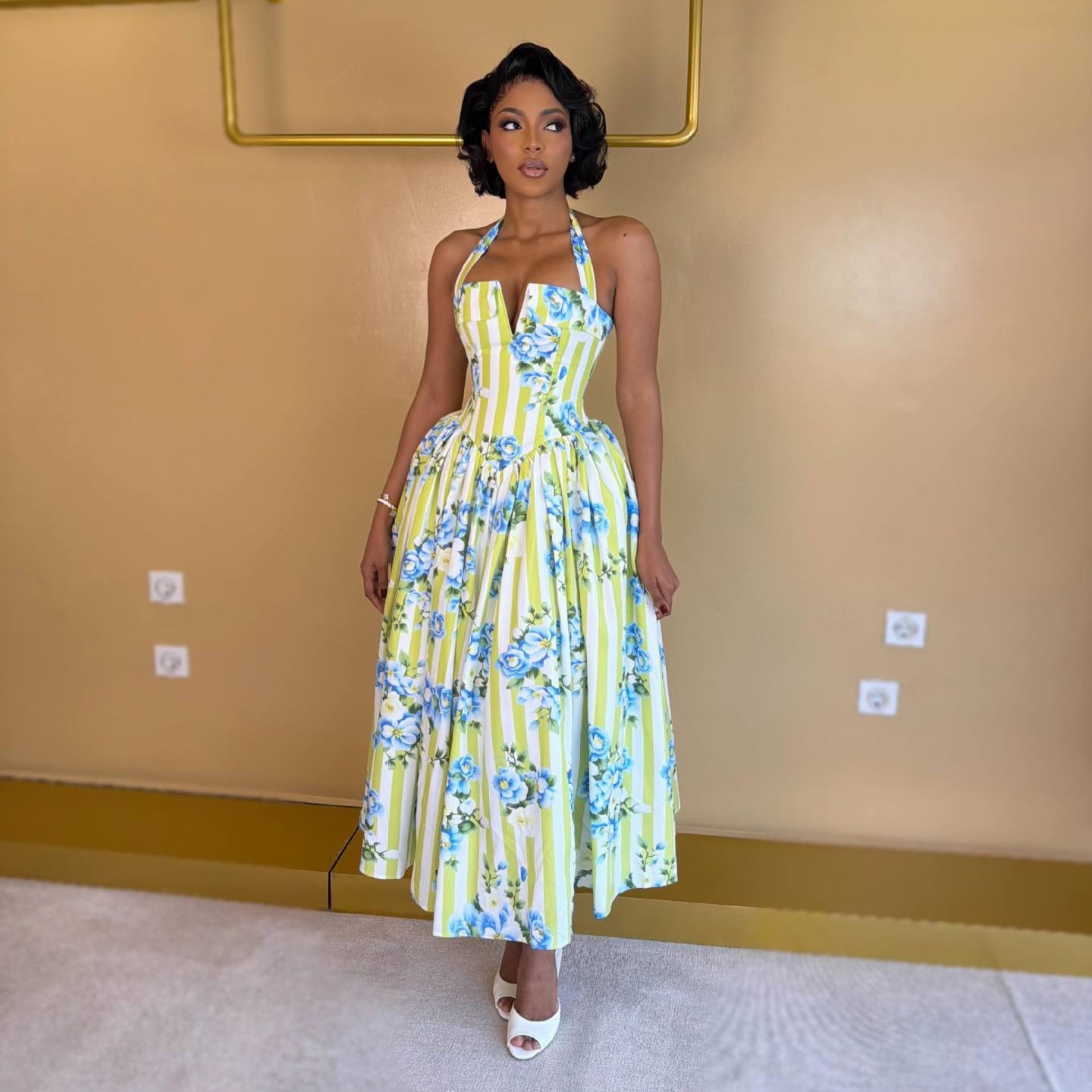Floral Print V-Neck Halter Tie Maxi Dress