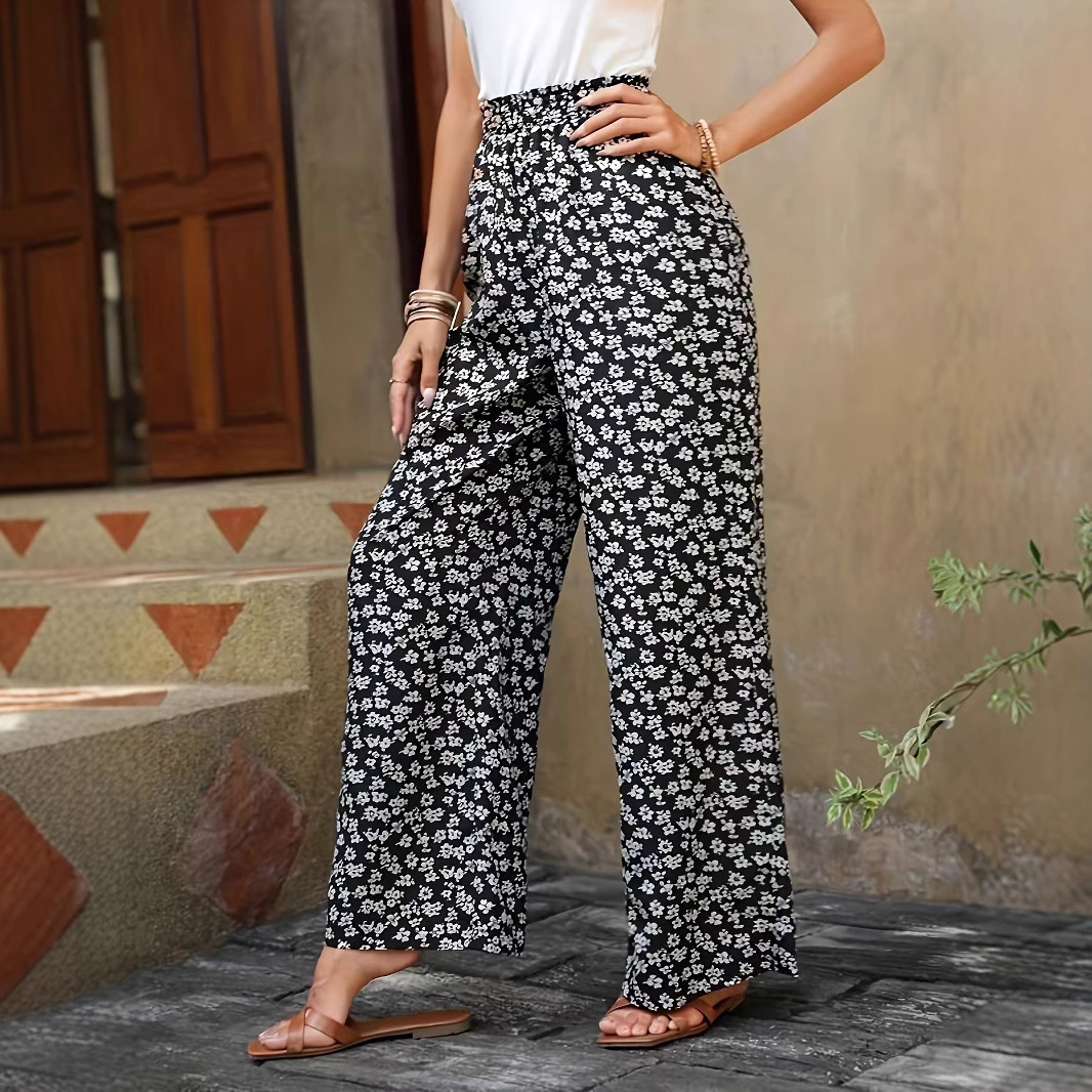 Floral Print Wide-Leg Casual Pants