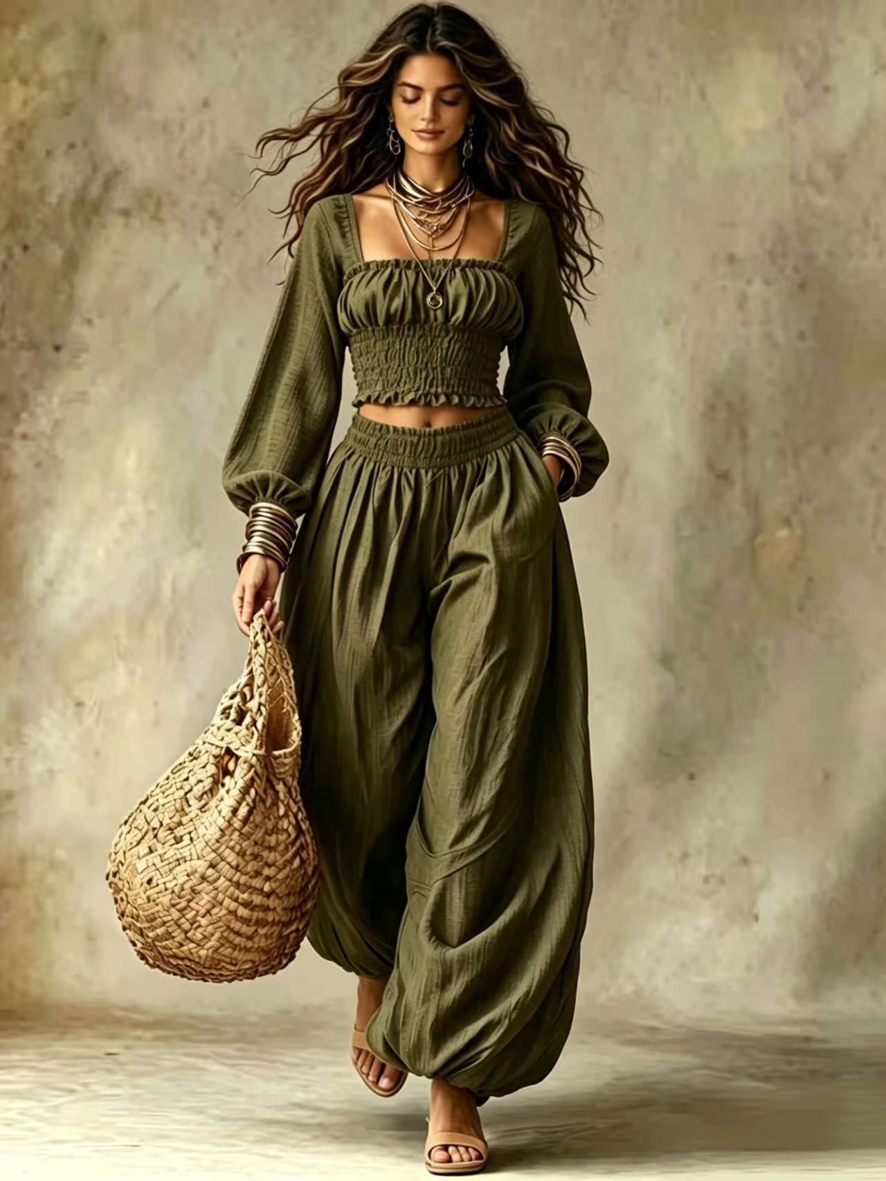 Boho Square Neck Long Sleeve Top & Wide Leg Pants Set