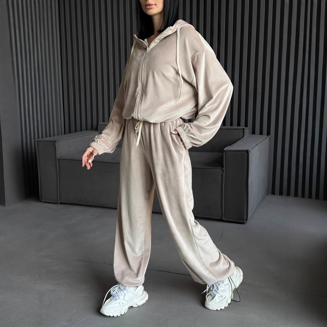 Women's Streetwear Hooded Cardigan and Jogger Pants Two-Piece Set
