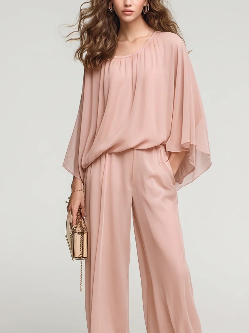 Women's Casual Wide-Leg Two-Piece Set with Batwing Sleeve Tee