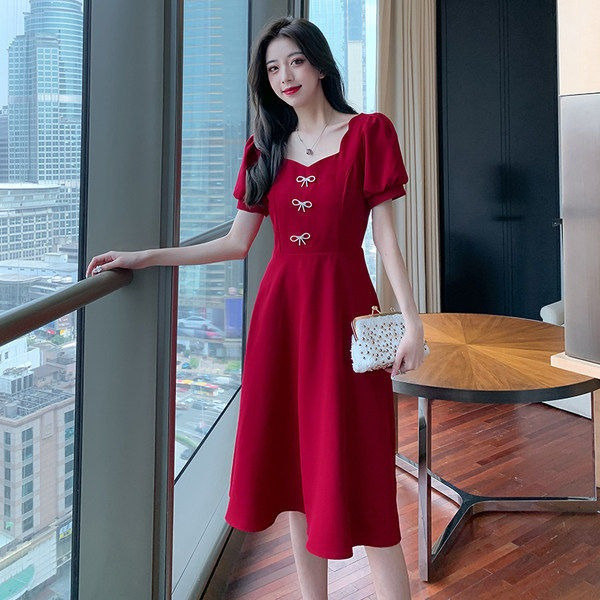Plus Size French Style Dress with Puff Sleeves and Bow, Square Neck A-Line Midi Dress