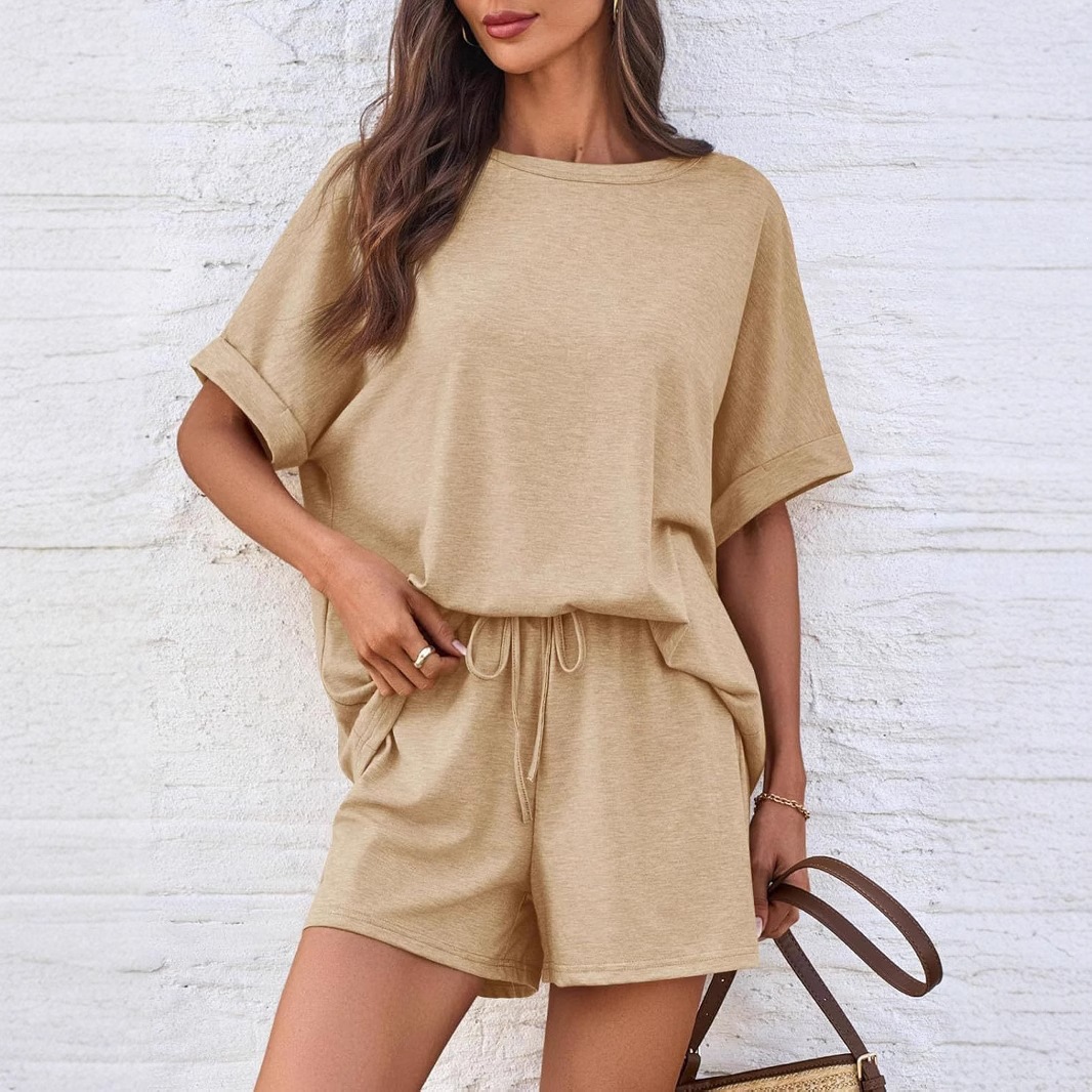 Women's Batwing Sleeve T-Shirt and Drawstring Shorts Set