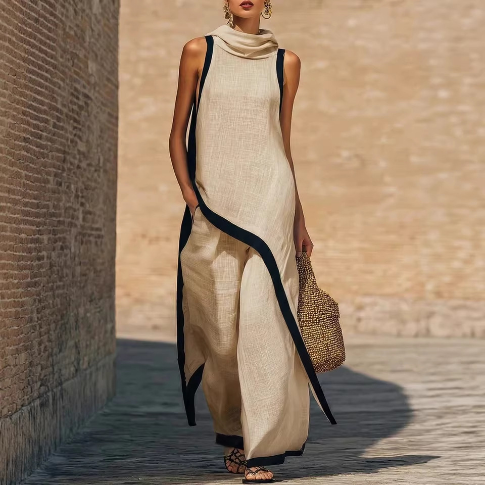 Asymmetric Cut Elegant Hooded Sleeveless Dress Set