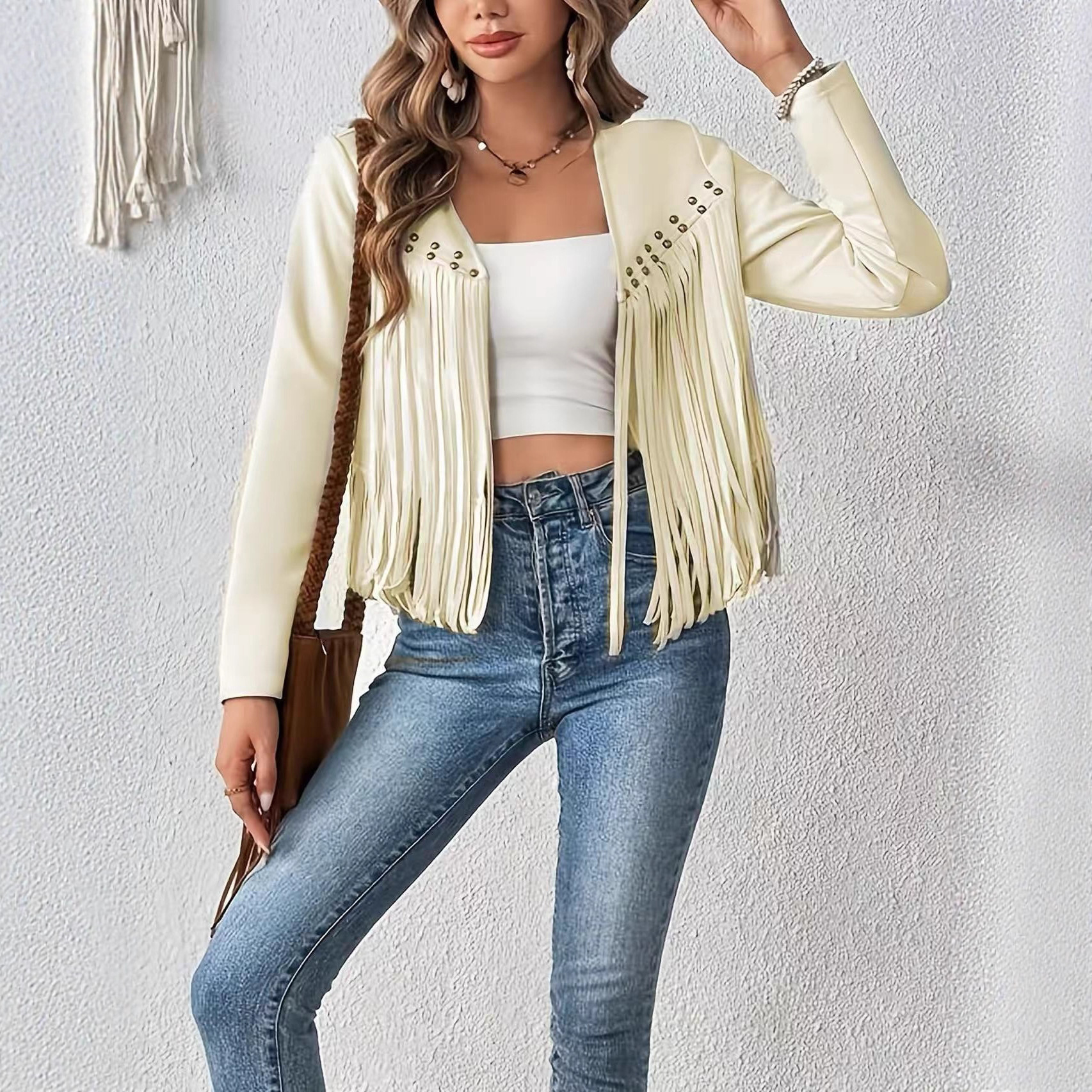 Fringe Faux Suede Studded Open-Front Mid-Length Cardigan Jacket