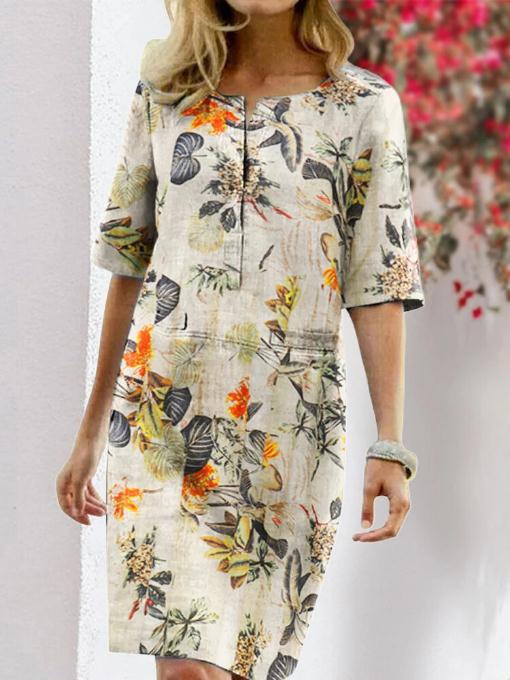 Floral Print Slit Round Neck Short Sleeve Vintage Dress